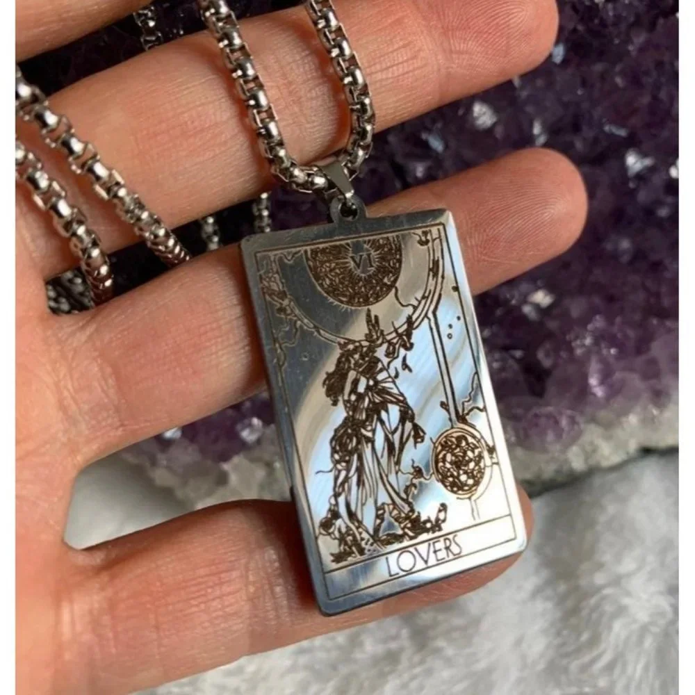 Stainless Steel Tarot Card Necklace Magician Lovers Wheel of Fortune - Picture 1 of 10